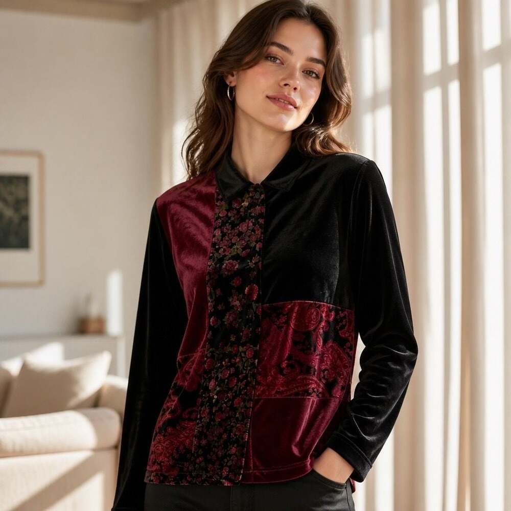 K Studio Velvet Patchwork Paisley Floral Button Down Shirt Jacket Size 12